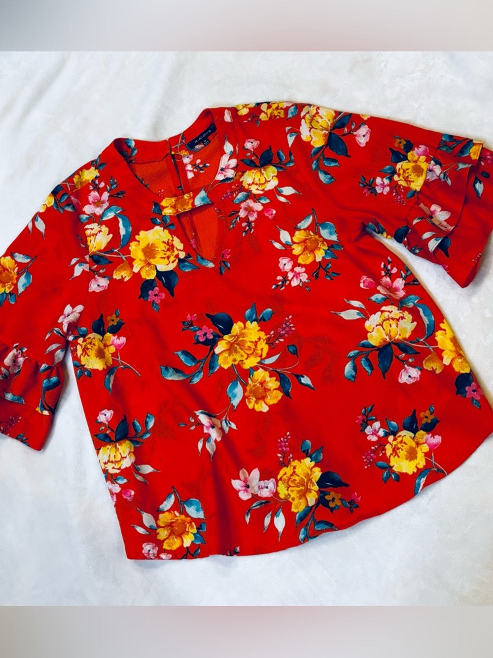 Kirious M Orange Floral Popover Bell Sleeve Top